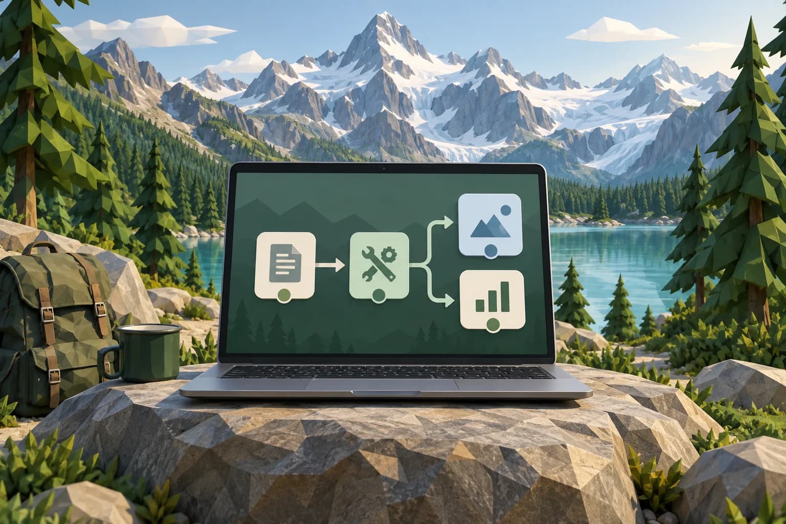 A laptop displaying an agent workflow at a mountain basecamp