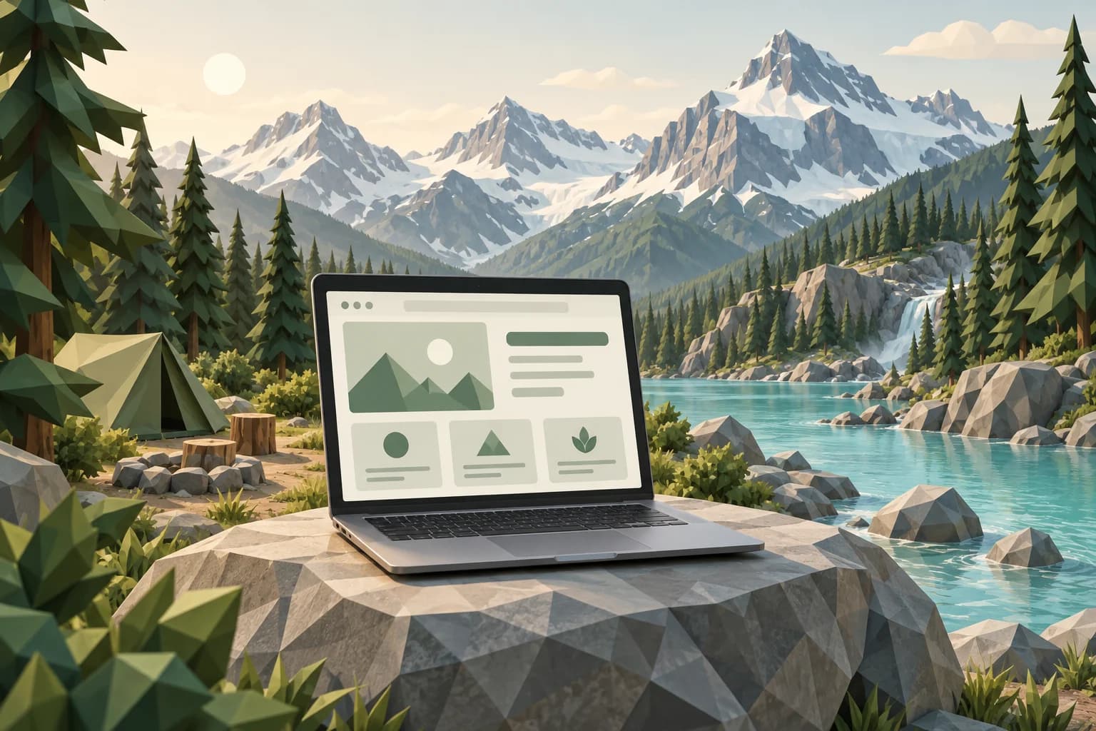 A laptop at a pine-forest basecamp beneath snowy mountain peaks
