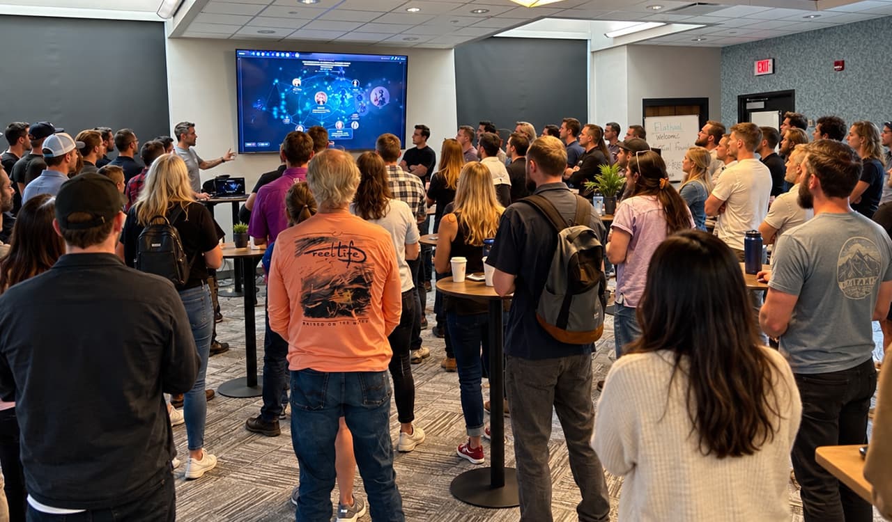 Attendees gathered around a presenter and screen for an AI presentation.