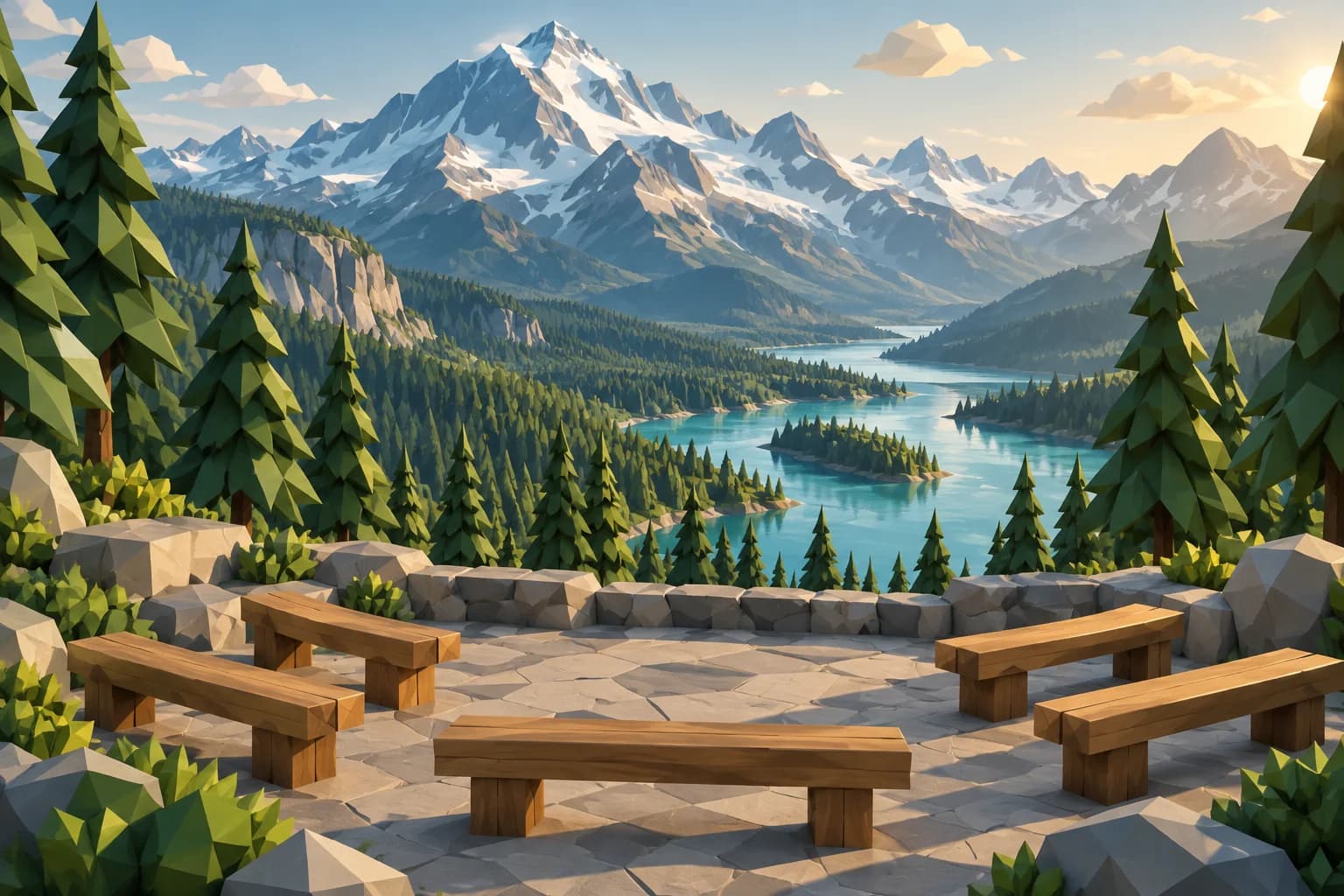 Illustrated mountain gathering place with timber benches, green pines, and a glacier-blue river